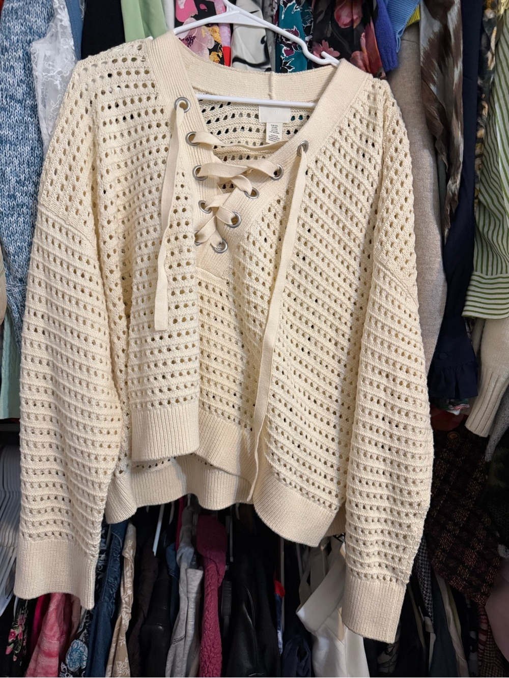 H&M Cream Open-Knit Lace-Up Turtleneck Sweater XXL